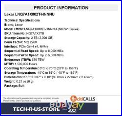 Lexar LNQ7A1X002T-HNNNU NQ7A1 2TB PCIe Gen4x4 M. 2 2280 NVMe SSD 6000MB/s