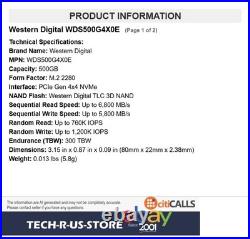 WD BLACK WDS500G4X0E SN7100 500GB PCIe Gen4 NVMe M. 2 2280 SSD 6800MB/s